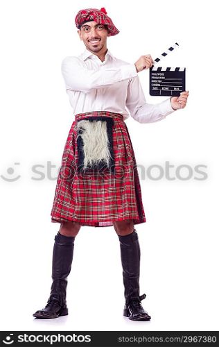 Scotsman with movie board on white