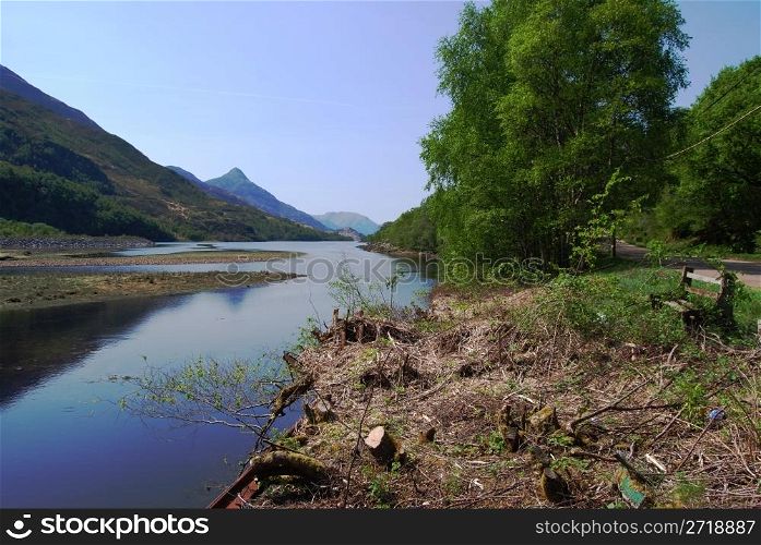 scottish landscape surrounding Loch Leven with the Highlands in the background