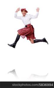 Scottish man dancing on white