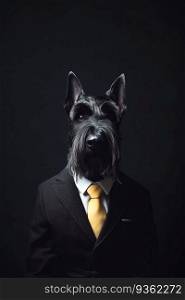Scottish terrier breed dog wearing a suit and tie
