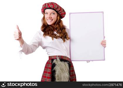 Scottish woman with board on white