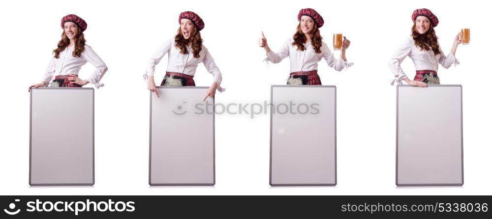 Scottish woman with board on white