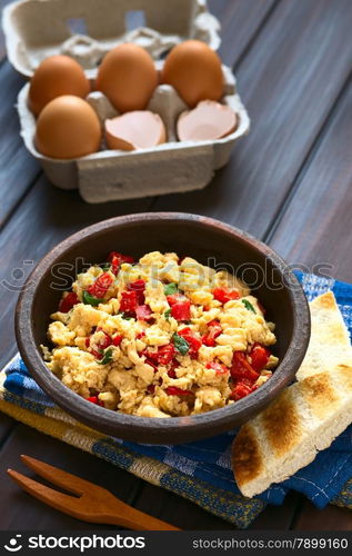 Scrambled eggs made with red bell pepper and green onion in rustic bowl with toasted bread on the side and eggs in the back, photographed with natural light (Selective Focus, Focus one third into the scrambled eggs)