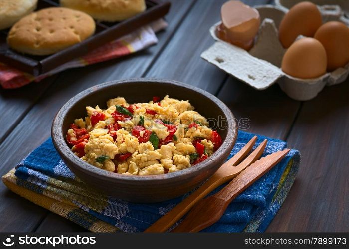 Scrambled eggs made with red bell pepper and green onion in rustic bowl with toasted bread and eggs in the back, photographed with natural light (Selective Focus, Focus one third into the scrambled eggs)