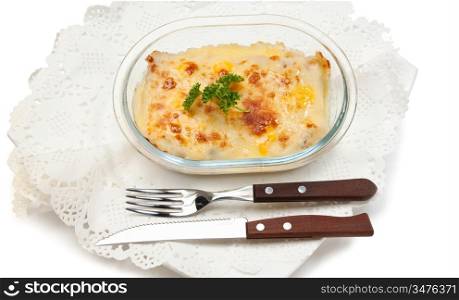 scrambled eggs on a glass plate isolated on a white background