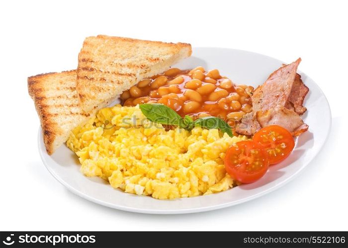 scrambled eggs with bacon and vegetables on white background
