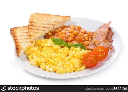 scrambled eggs with bacon and vegetables on white background