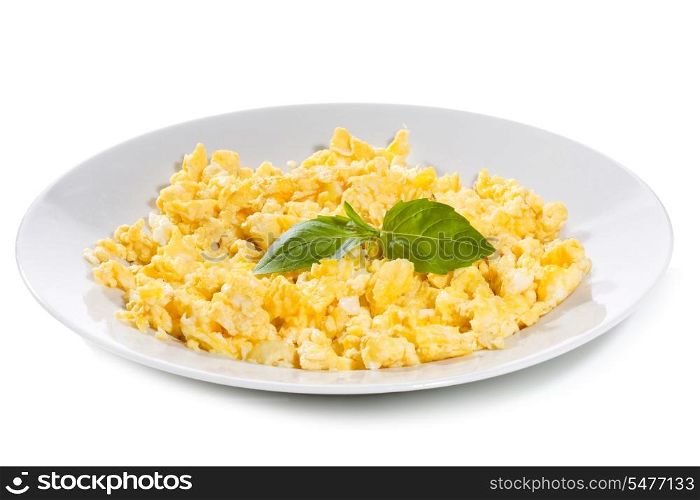 scrambled Eggs with basil on white background