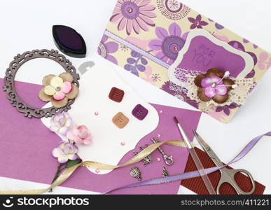 scrapbook background. Card and tools with decoration