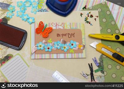 scrapbook background. Card and tools with decoration