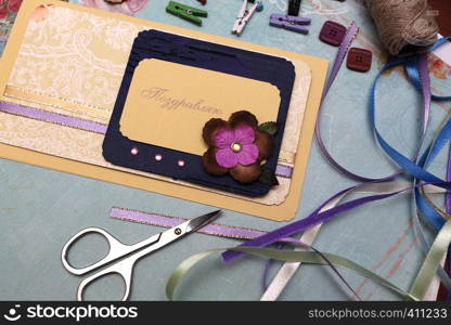 scrapbook background. Card and tools with decoration