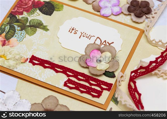 scrapbook background. Card and tools with decoration