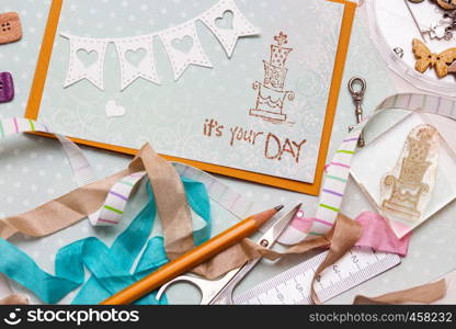 scrapbook background. Card and tools with decoration