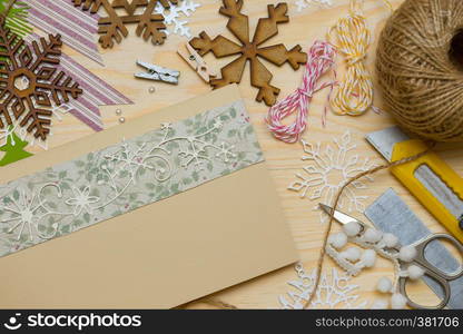 scrapbook background. christmas card and tools with decoration