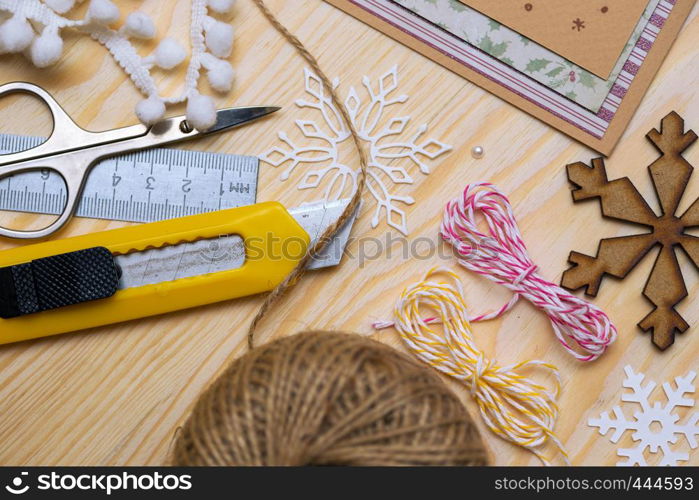 scrapbook background. christmas card and tools with decoration