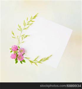 Scrapbook page of wedding or family photo album, frame with pink clover and green bluegrass on old yellowed paper background; top view, flat lay, overhead view