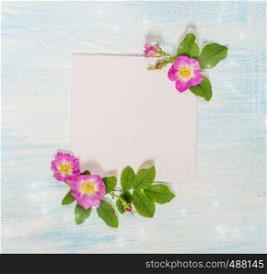 Scrapbook page of wedding or family photo album, frame with wild rose and green leaves on light wooden background; top view, flat lay, overhead view
