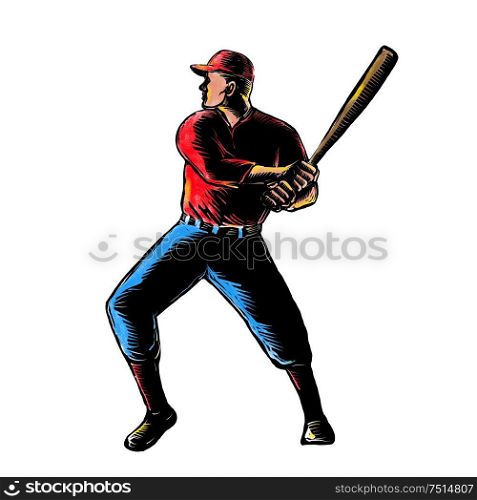 Scratchboard style illustration of an American baseball player batting viewed from side done on scraperboard on isolated background.. American Baseball Player Batting Scratchboard