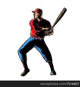 Scratchboard style illustration of an American baseball player batting viewed from side done on scraperboard on isolated background.. American Baseball Player Batting Scratchboard