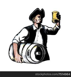 Scratchboard style illustration of an American Patriot Carrying Beer Keg drum and holding up an ale mug on isolated background.. American Patriot Carry Beer Keg Scratchboard