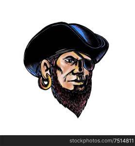 Scratchboard style illustration of buccaneer, pirate or privateer wearing a tricrone hat and eye patch and earrings done on scraperboard on isolated background.. Buccaneer Eye Patch Scratchboard