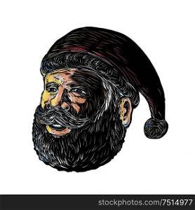 Scratchboard style illustration of head of Santa Claus three-quarter view done on scraperboard on isolated background.. Santa Claus Three-Quarter View Scratchboard
