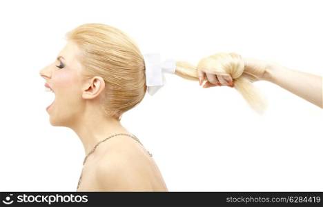 screaming blonde and female hand pulling her hair