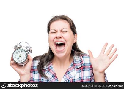 Screaming crazy woman with an alarm clock in her hands was late . Screaming crazy woman with an alarm clock in her hands was late for work
