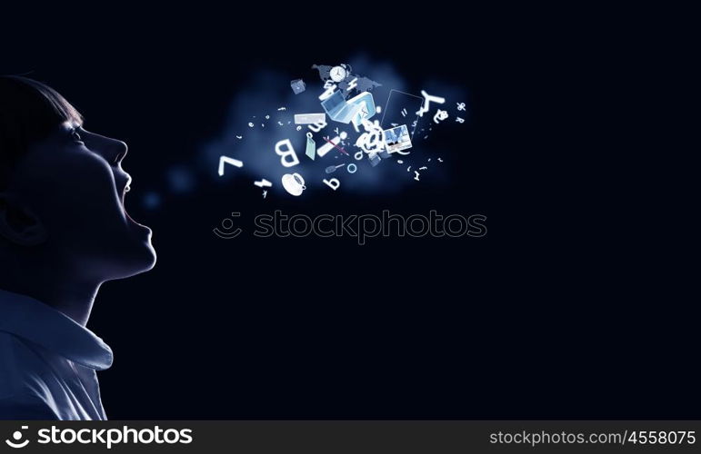 Screaming girl. Side view of cute screaming girl against dark background