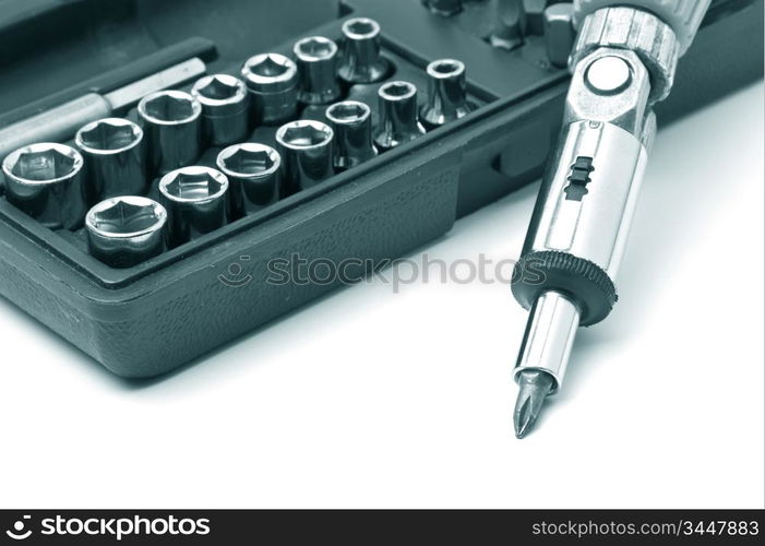 Screw driver and spanner kit isolated on a white background