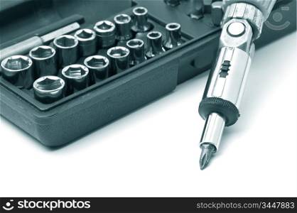 Screw driver and spanner kit isolated on a white background
