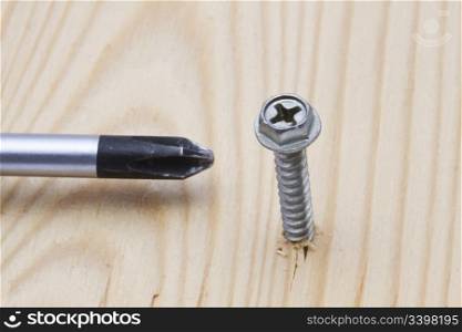 Screwdriver and screw on wood background