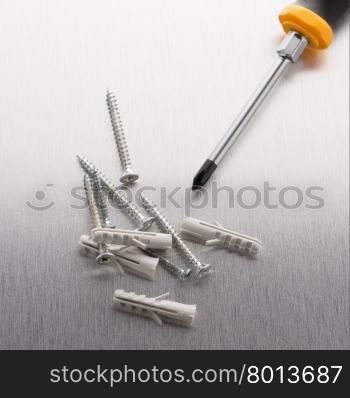 Screwdriver cross bit with screws and plastic dowels.