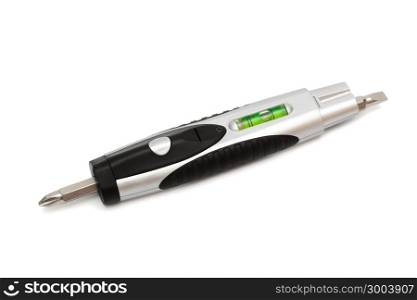 Screwdriver with a level on a white background