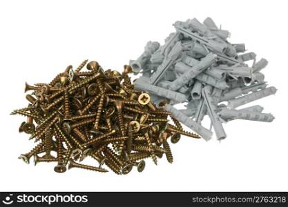Screws and dowels are isolated on a white background