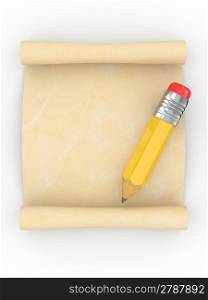 Scroll and pencil on white isolated background. 3d