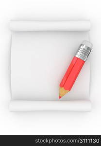 Scroll and pencil on white isolated background. 3d