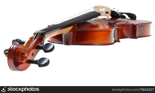 scroll of classical wooden fiddle close up isolated on white background