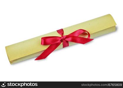 Scroll of old yellowed paper, bandaged a scarlet ribbon