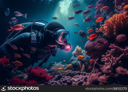 scuba diver swimming in ocean with fishes. Illustration AI Generative 