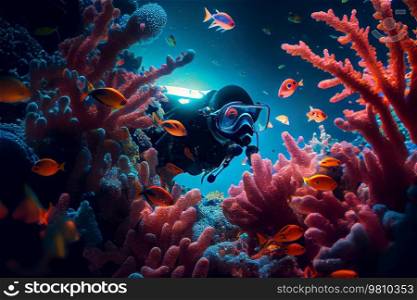 scuba diver swimming in ocean with fishes. Illustration AI Generative 
