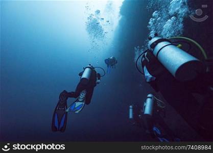 Scuba divers underwater, The Great Blue Hole, Belize Barrier Reef, Lighthouse Reef, Belize