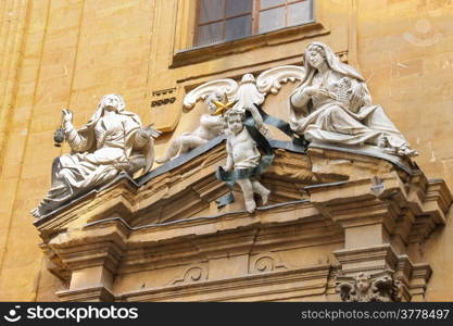 Sculpture composition on building of Court of Justice on Piazza San Firenze, Florence, Italy