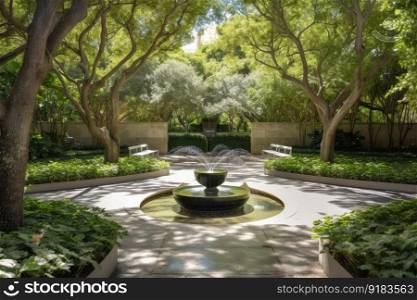 sculpture garden with water feature and benches, surrounded by lush greenery, created with generative ai. sculpture garden with water feature and benches, surrounded by lush greenery