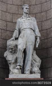 Sculpture of soviet man on the front side of National Museum in Minsk, Belarus