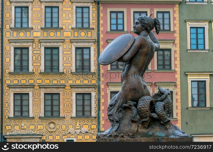 Sculpture of the Warsaw Mermaid (This mermaid statue was made in 1855) on the Old Town Market square in Poland