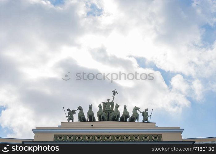 Sculpture on triumphal arch of General staff building on Palace square in St. Petersburg.
