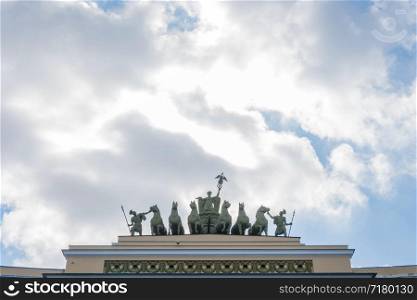 Sculpture on triumphal arch of General staff building on Palace square in St. Petersburg.