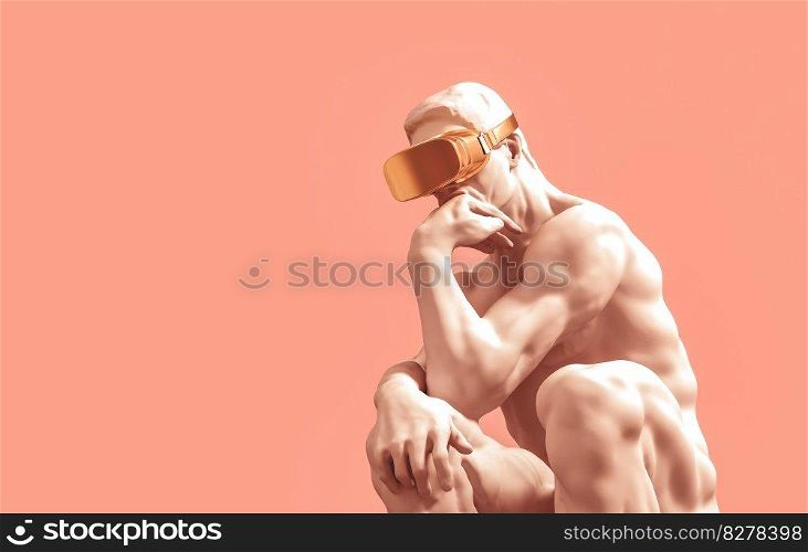 Sculpture Thinker With Golden VR Glasses Over Pink Background. 3D Illustration.. Sculpture Thinker With Golden VR Glasses Over Pink Background