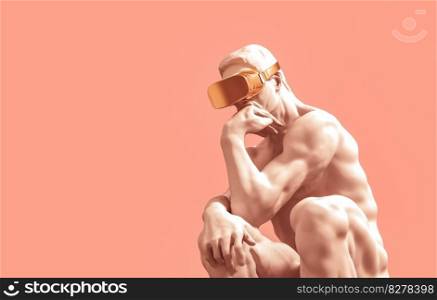 Sculpture Thinker With Golden VR Glasses Over Pink Background. 3D Illustration.. Sculpture Thinker With Golden VR Glasses Over Pink Background